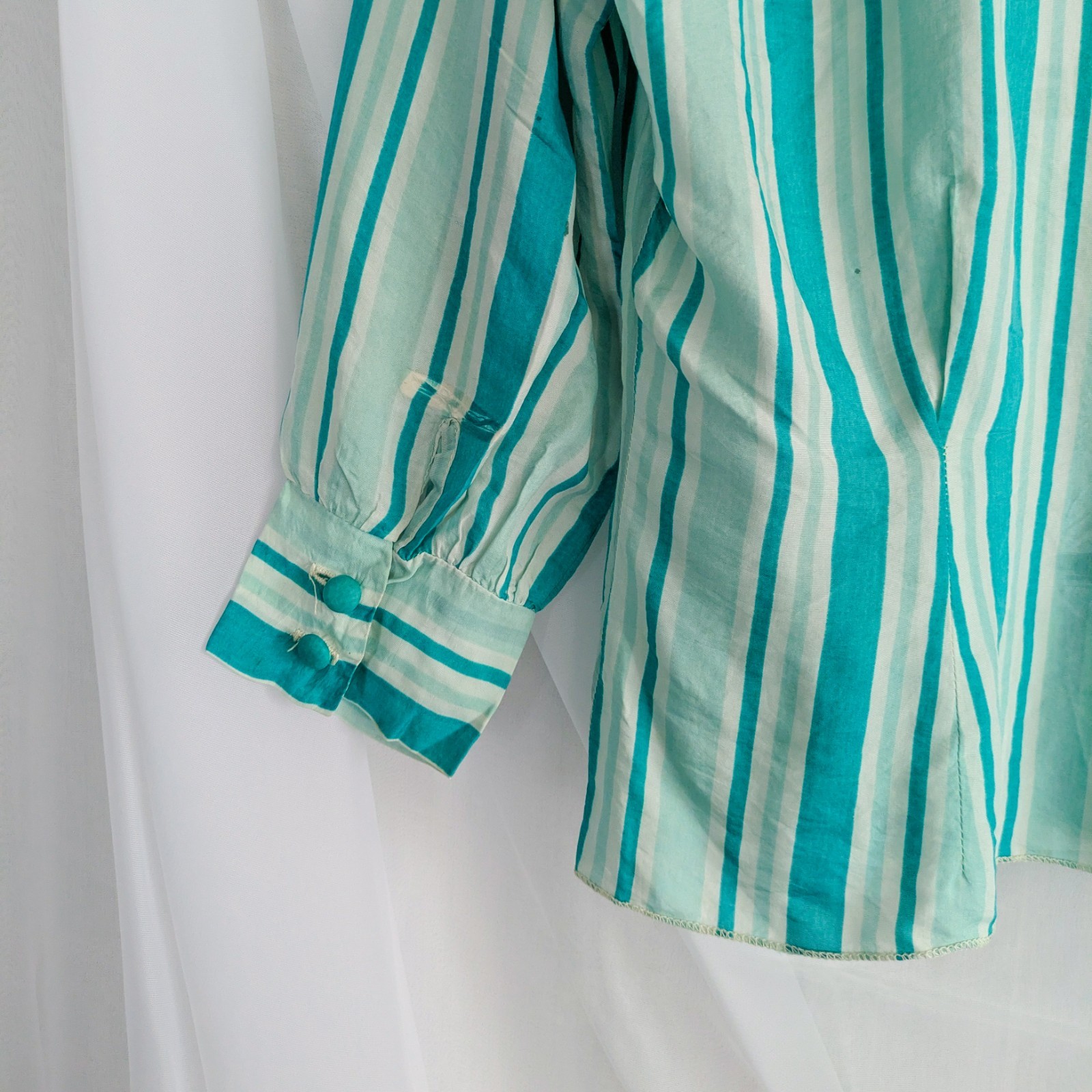 Vintage 60s/70s Blue StripedSecretary Blouse By Charm Of Hollywood, Small/Med