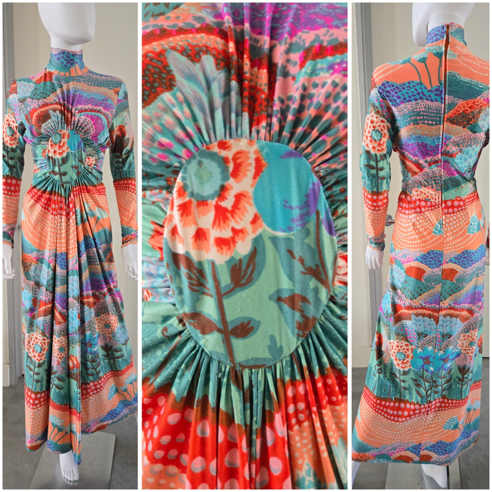 VTG 60s 70s Psychedelic Palm Royale Maxi Dress XS Robert David Morton Rainbow