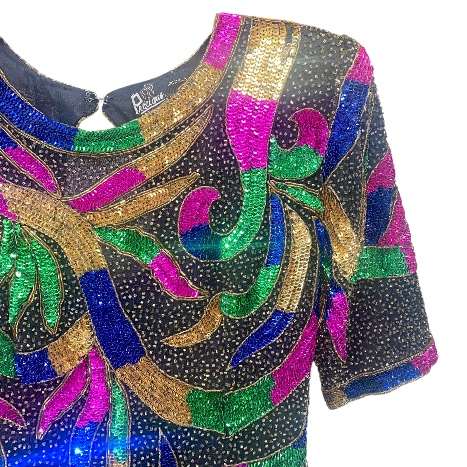 Precious Moments Vintage Sequined Dress Small Multi 100% Silk Beaded Sheath
