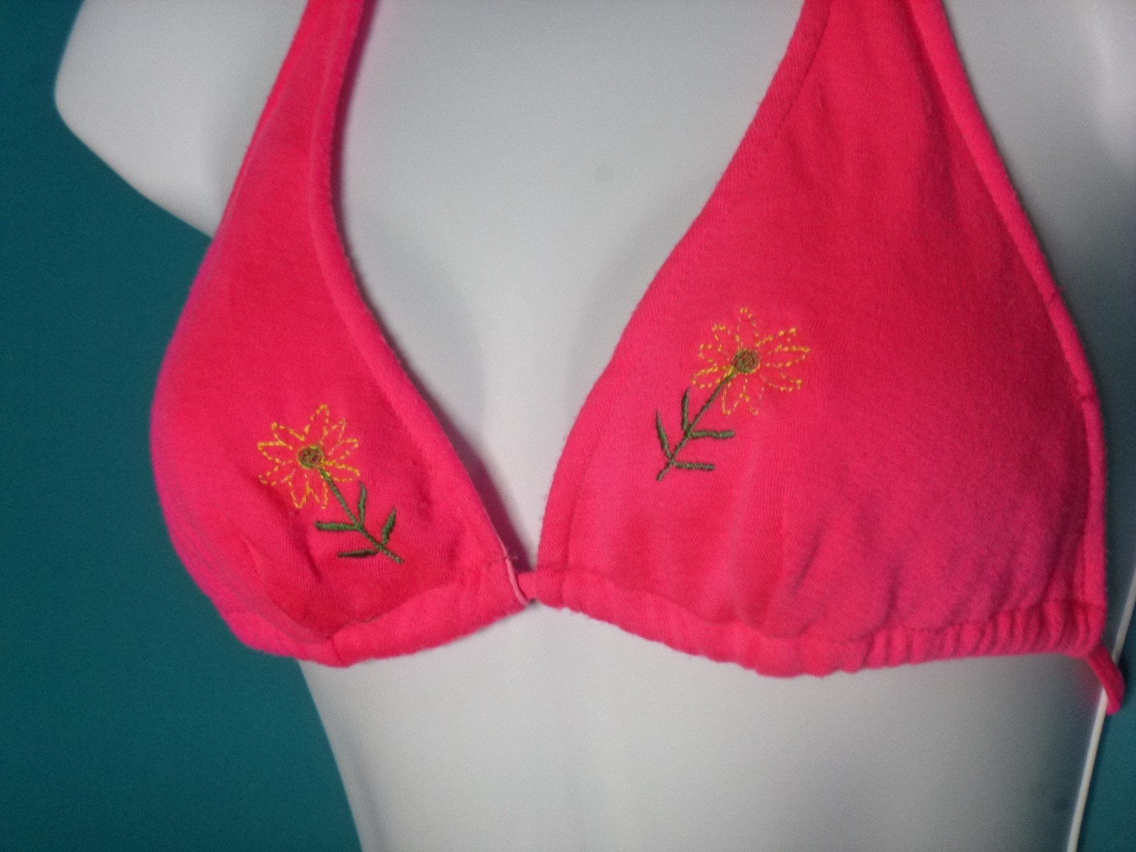 Vtg 70s Sears Jr Bazaar Hot Pink Knit Bikini Embroidered Flowers Heart Sz S