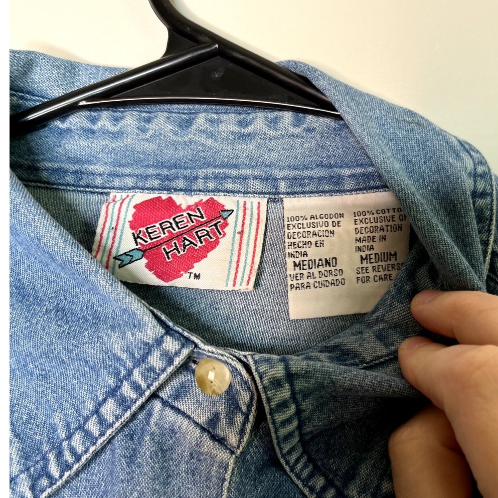1990s Keren Hart Scarecrow Fall Halloween Granny Chambray Artsy Denim Shirt M