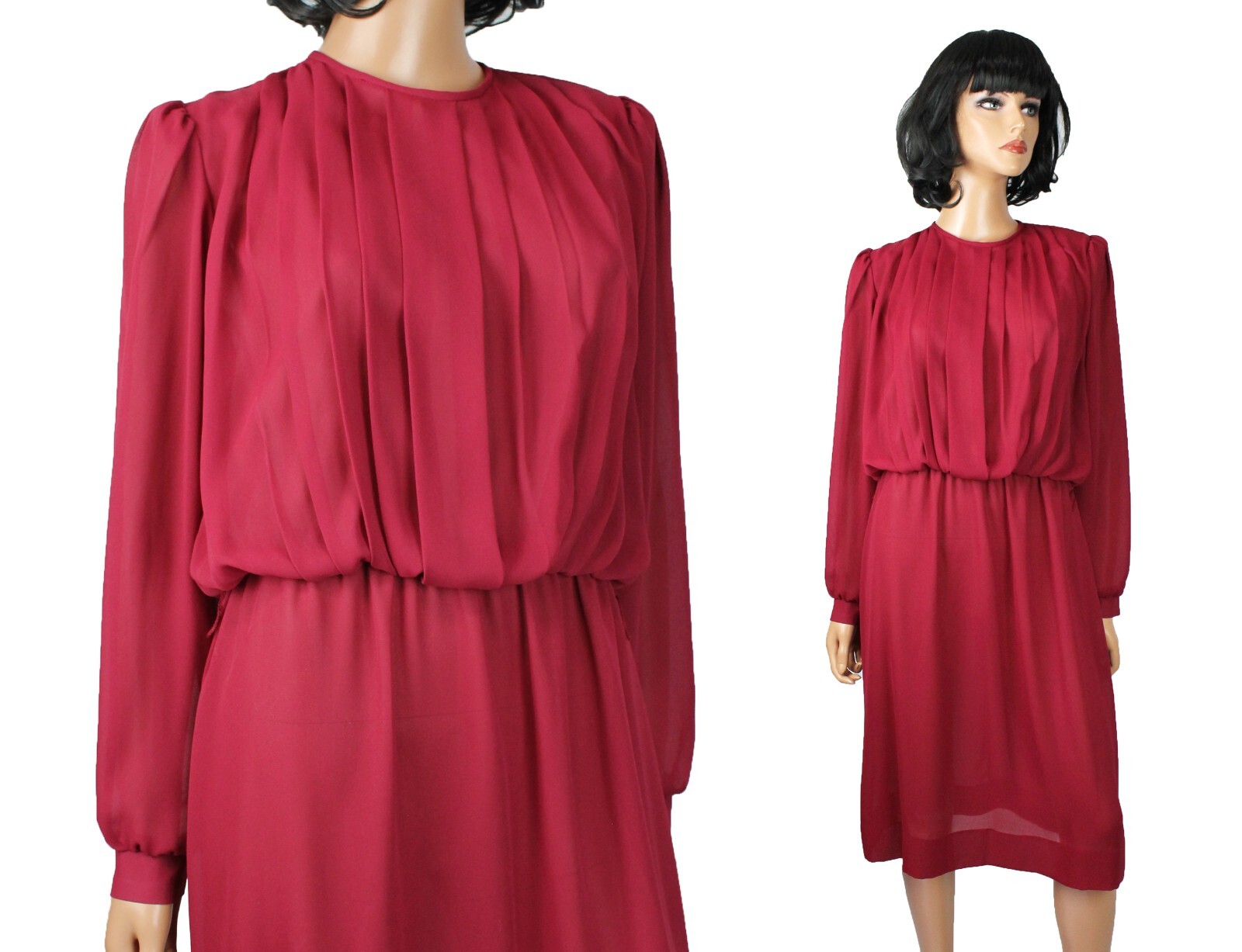 Semi Sheer Dress Sz M Vintage 80s Dark Burgundy Red Chiffon Crepe Long Sleeve