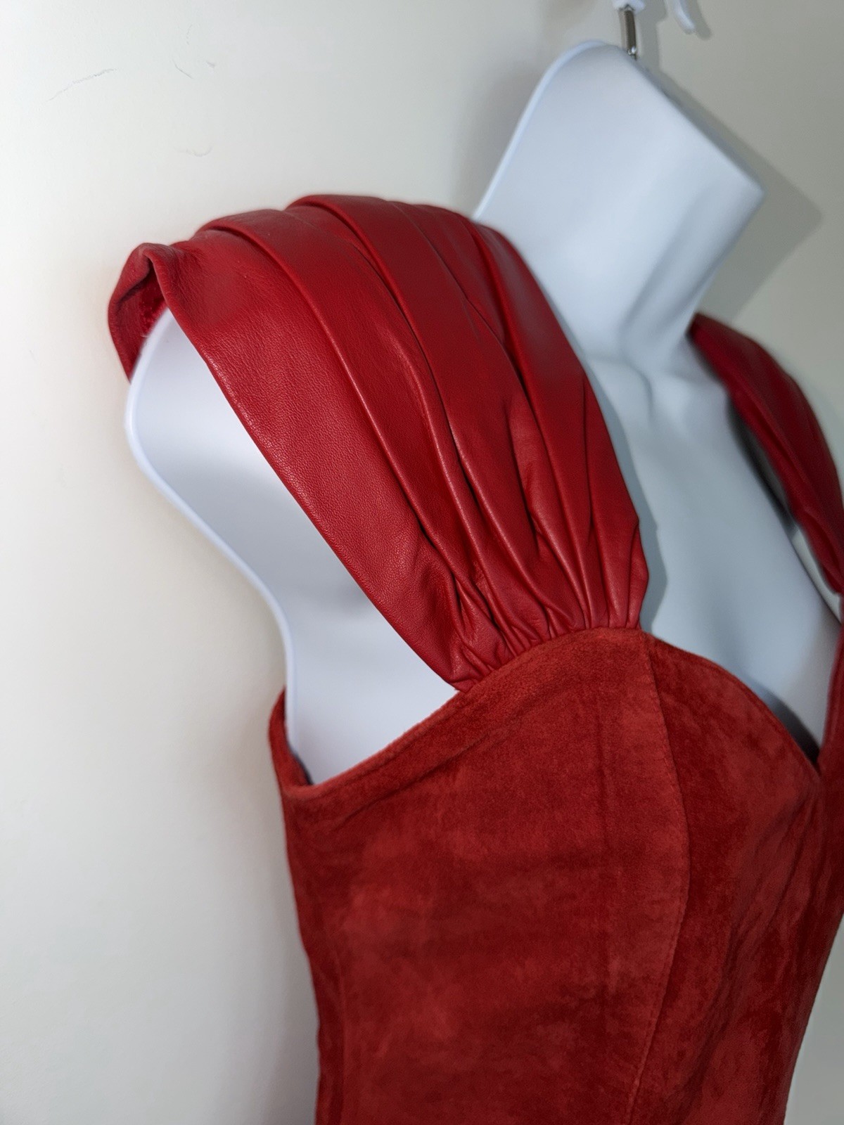 VTG 90’s Leather Ranch Red Mini Suede Cocktail Dress Padded Shoulders Sz 0 NWT