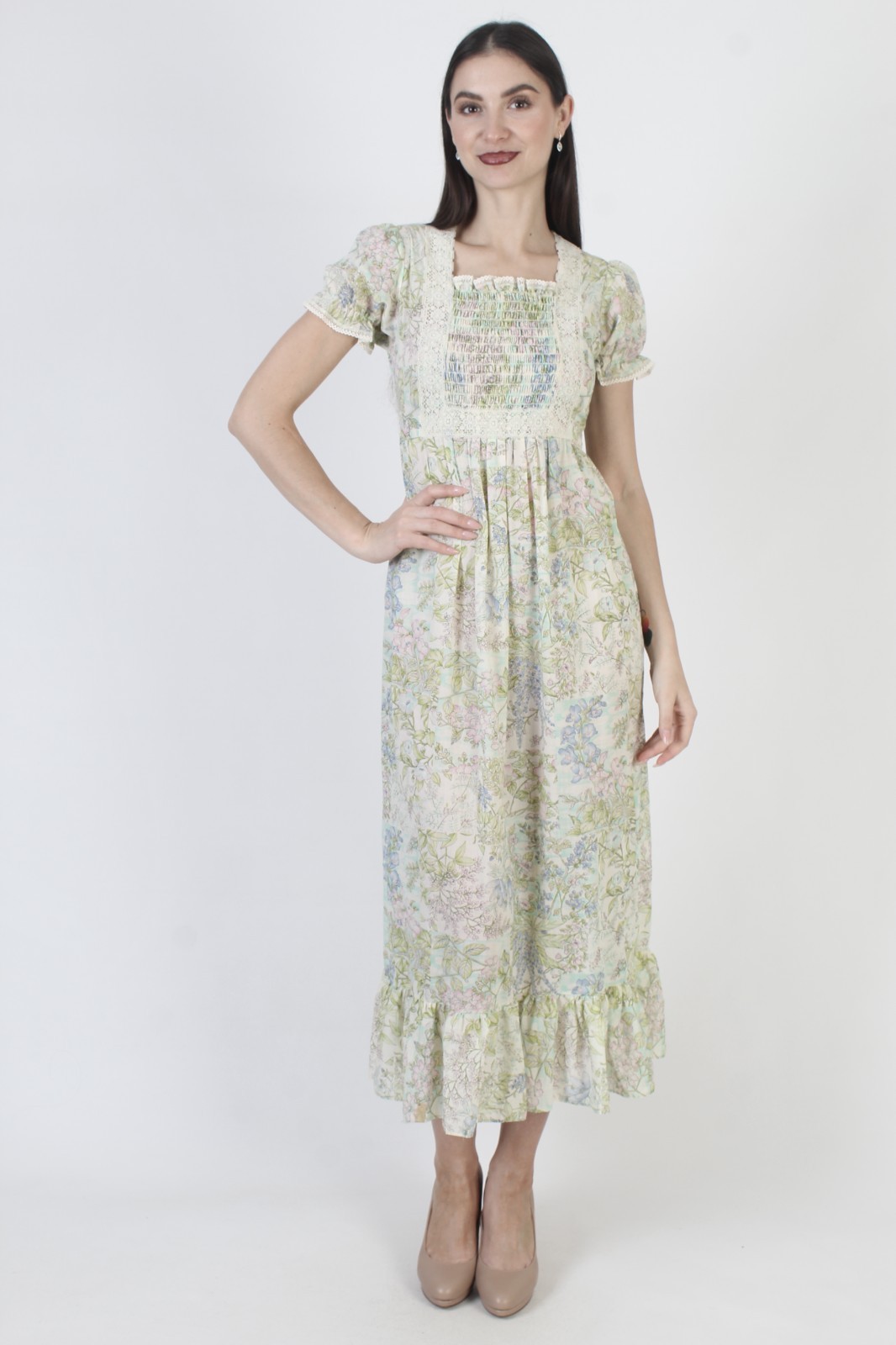 Vtg 70s White Smocked Prairie Dress Pastel Floral Prairie Cottage Boho Sundress