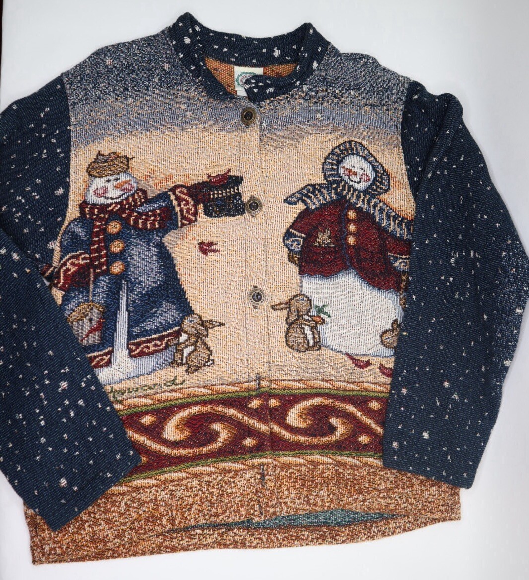Sugar Street Weavers Vintage Tapestry Cardigan Winter Snowman Sweater Medium