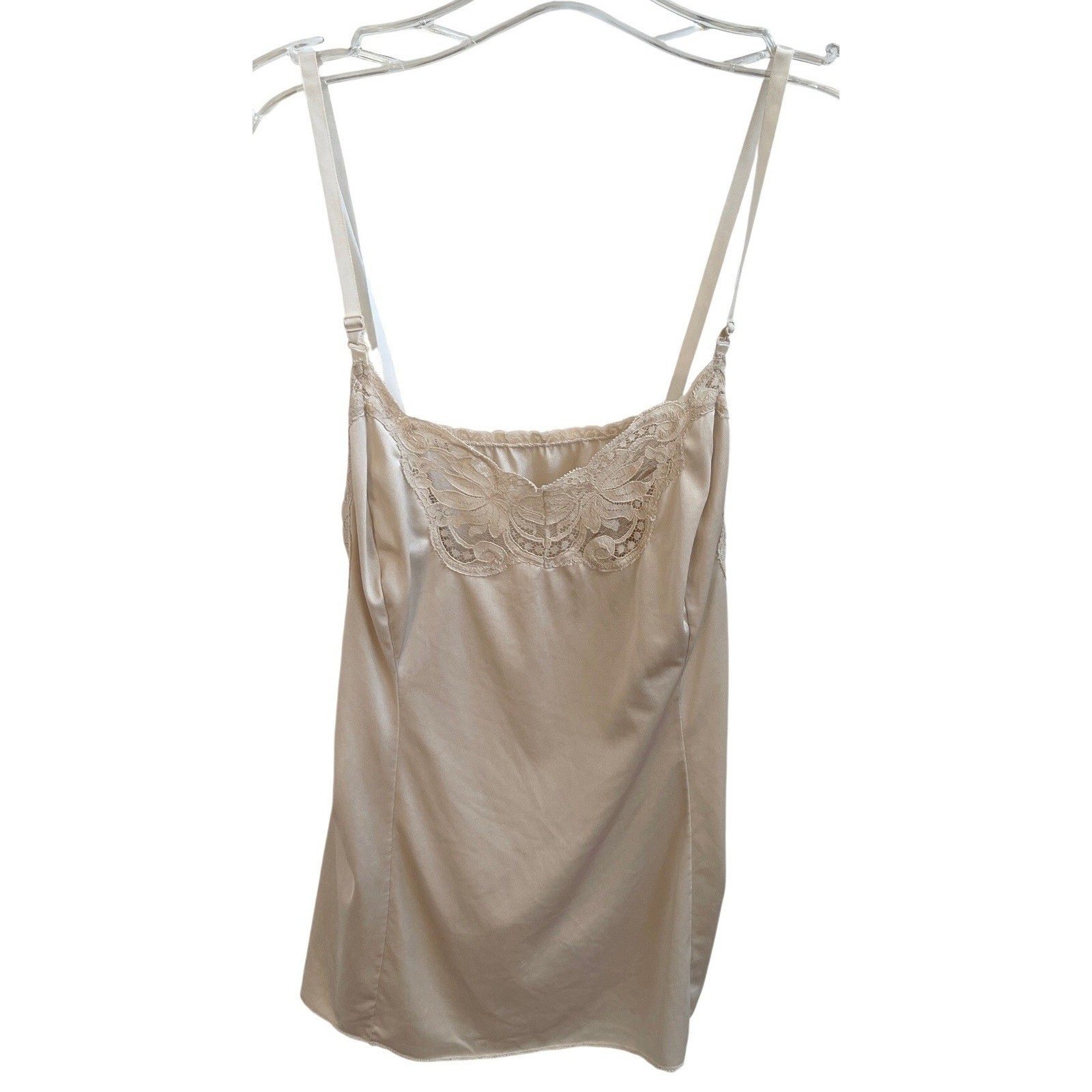Vintage 70s Champagne Nylon Satin Lace Camisole Cami Top Size S Coquette Minimal
