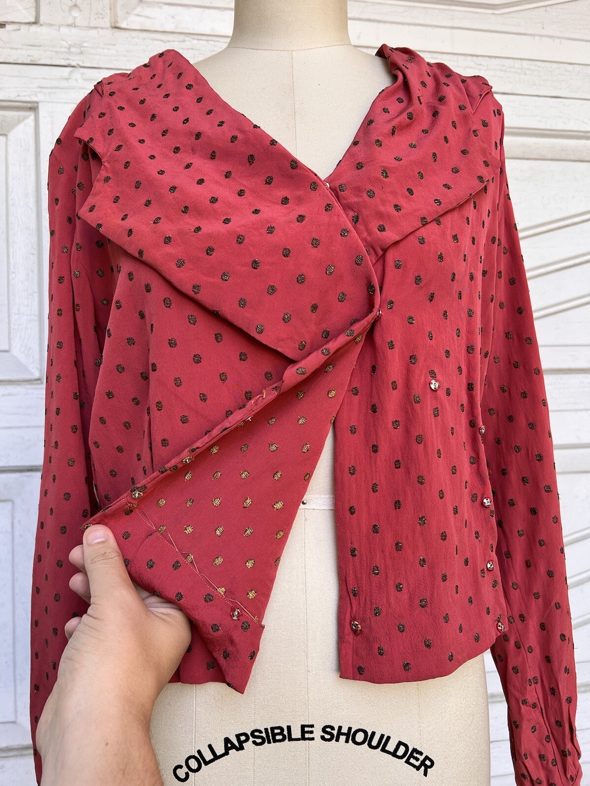 Vintage 1930s 40s Raspberry Silk Blouse Shirt Gold Metallic Dot Embroidery Bows