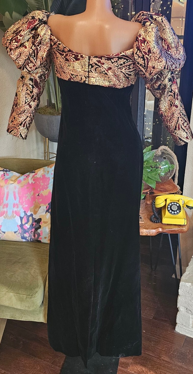 Vtg Eugene Alexander Black Velvet Floral Overlay Ball Prom Formal Dress Sm