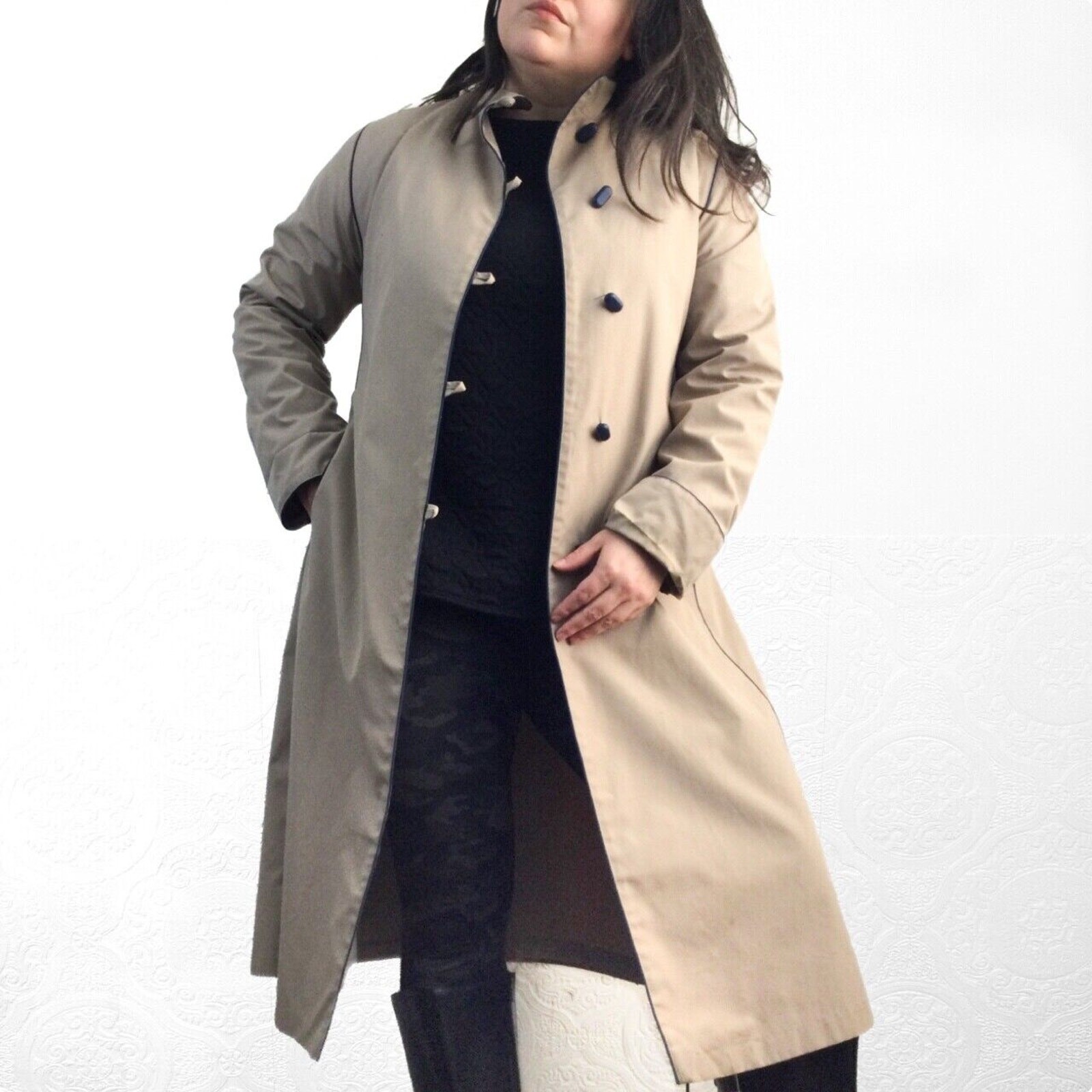Vintage 70s khaki tan trench coat twill jacket women’s 10 mandarin collar toggle