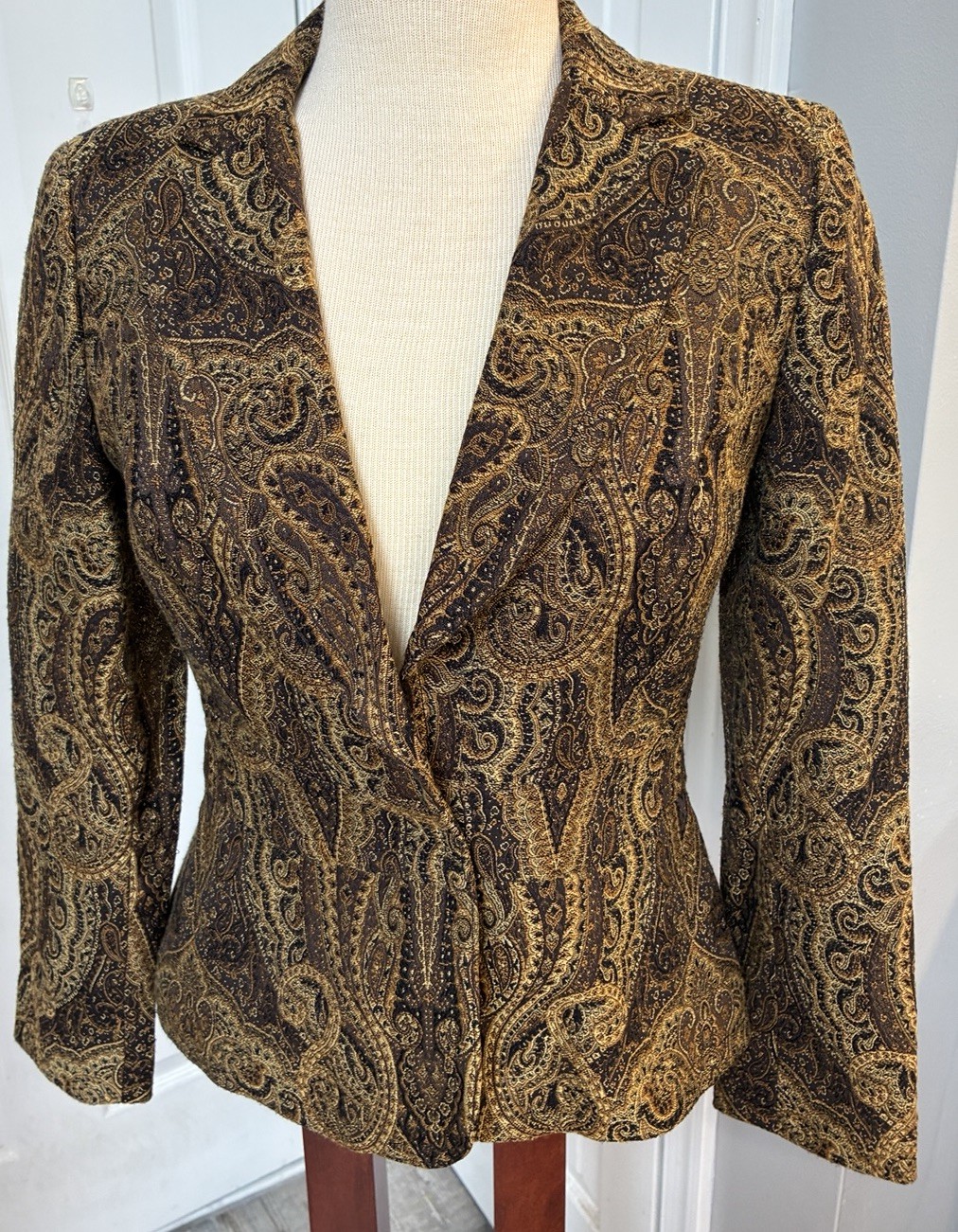 Y2K Vintage Focus 2000 6 Petite Boho Tapestry Blazer Brown Gold Paisley Brocade