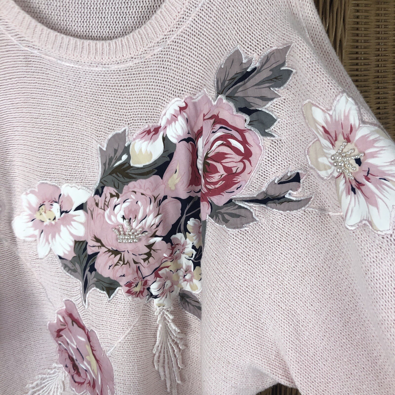 Vtg sweater womens Bonnie and Bill By Holly floral appliqué PS pink