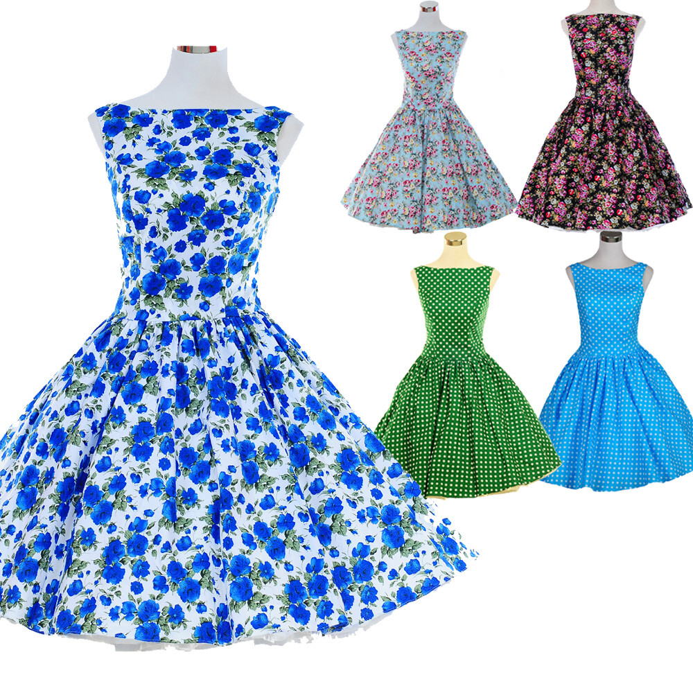 Retro Rockabilly 50s 60s Swing Vintage Dress Casual Print Floral Polka Dot Dress