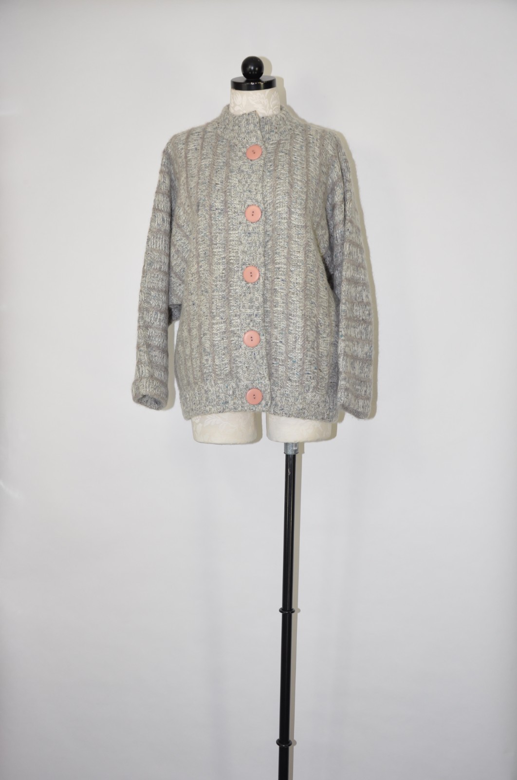 80s Vintage Gray Fuzzy Wool Mohair Buttoned Cardigan Sweater Jacket Women L XL