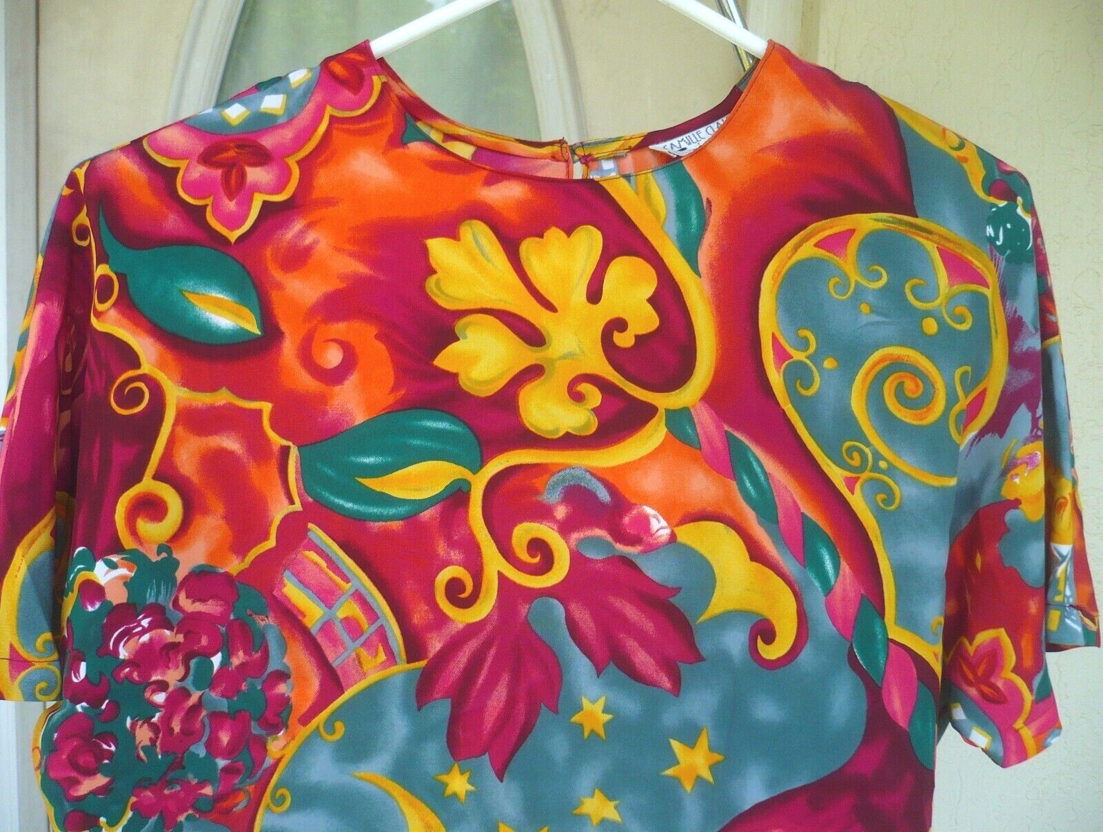 VTG 80 CAMILLE CLAUDEL P M L BRIGHT COLORFUL FLORAL BOXY MOON STARS BLOUSE WOMEN