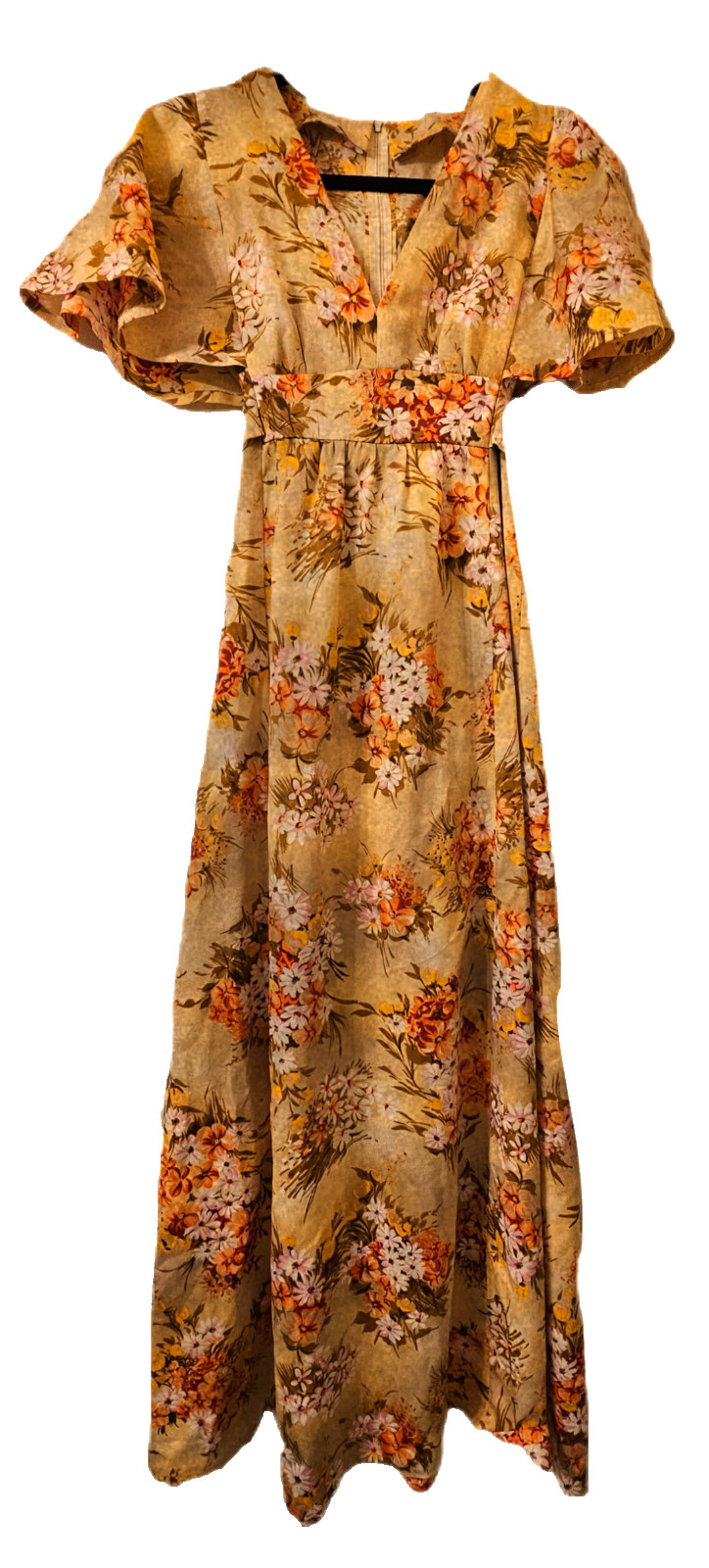 Vintage floral 1970s tan with orange and white flowersmaxi dress size small