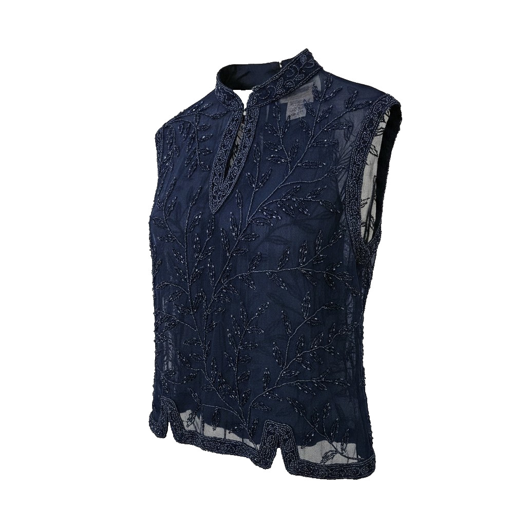 Jasjas Designs New York VTG Women’s Silk Beaded Sleevless Sequin Top NAVY Size L