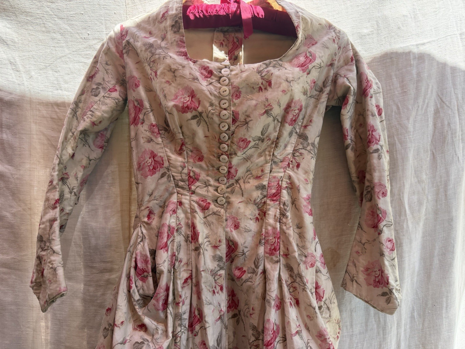Antique Victorian 1880s Silk Rose Polonaise Museum Deaccession