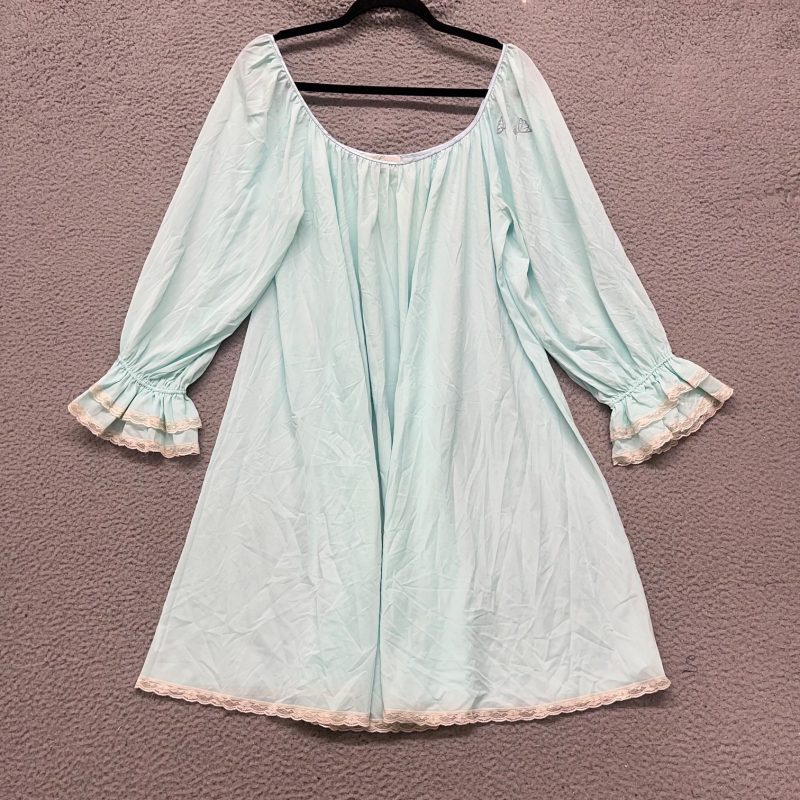 La Tienda Lucie Ann Nightgown Womens L Blue Ruffle Sleeve Lace Trim Nylon