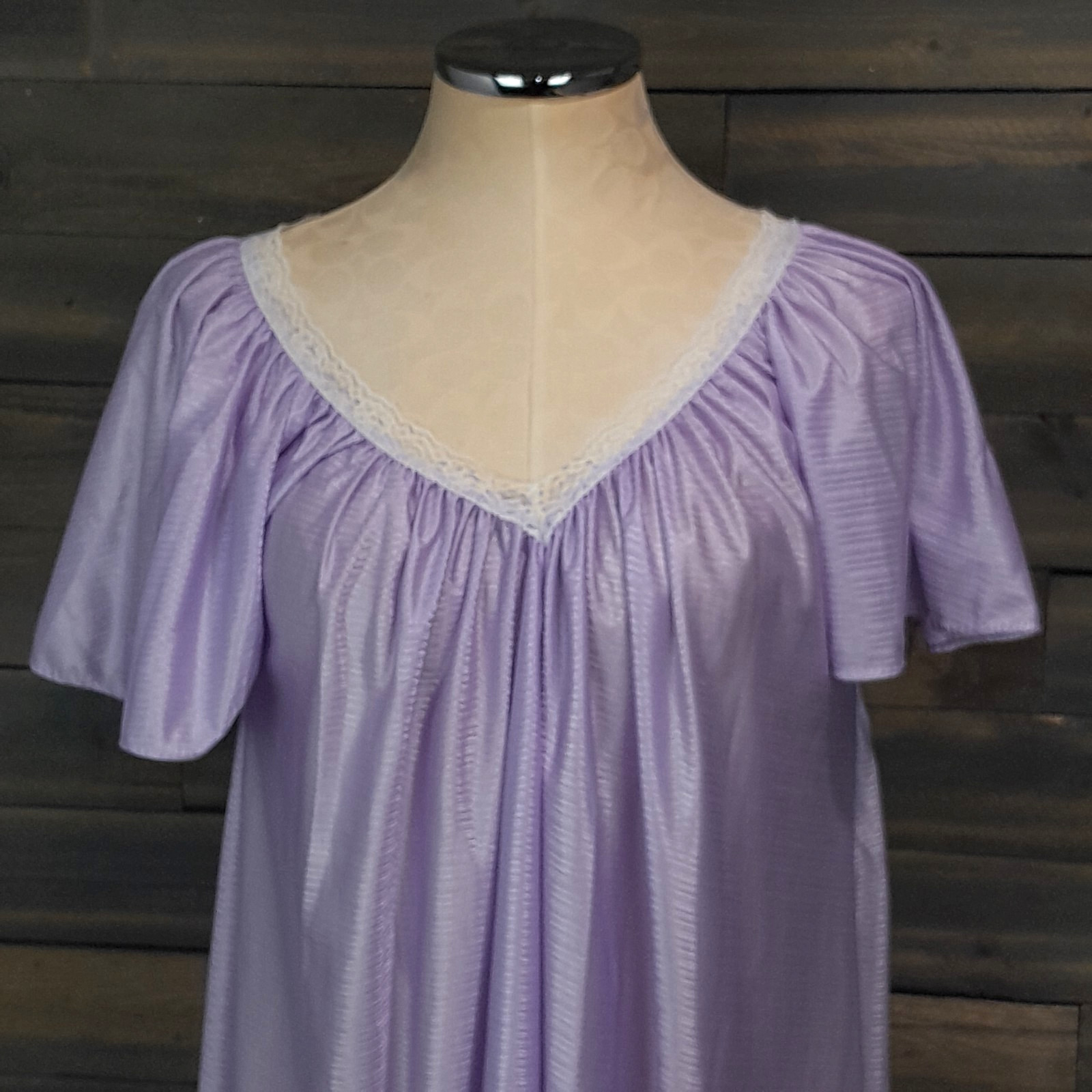 Vintage Elana Nightgown Lavender Nylon One Size Shiny Shimmer Lace Trim Made USA