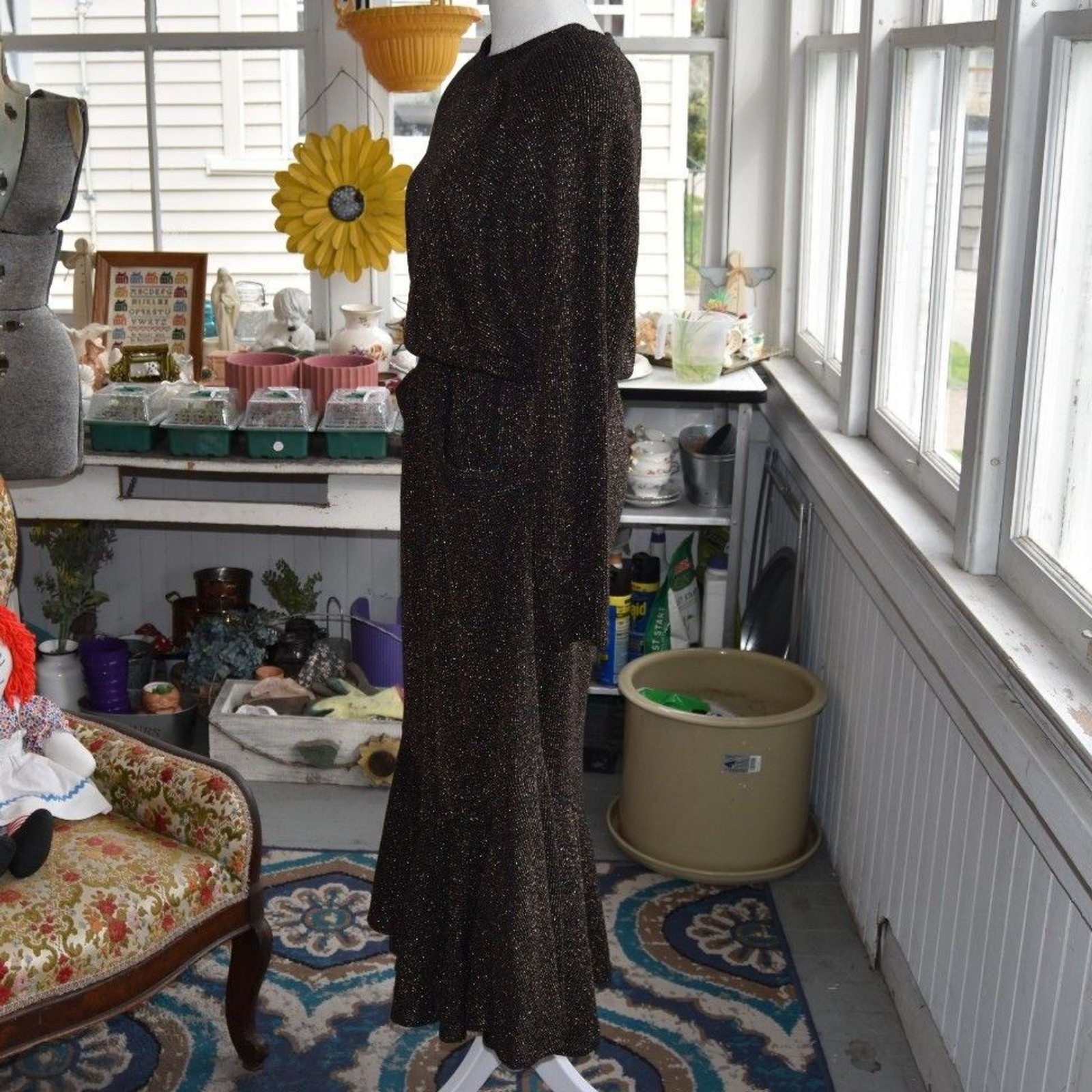 Vintage Choon California Metallic Lurex Disco Dress 70s 80s Black Bronze M/L