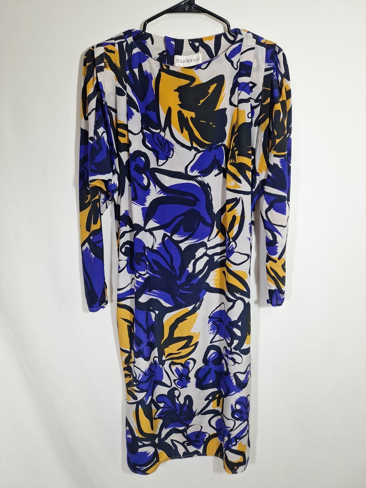 Vintage 80s Raul Blanco 100% Silk Abstract Midi Dress Drop Shoulder Bold L/XL