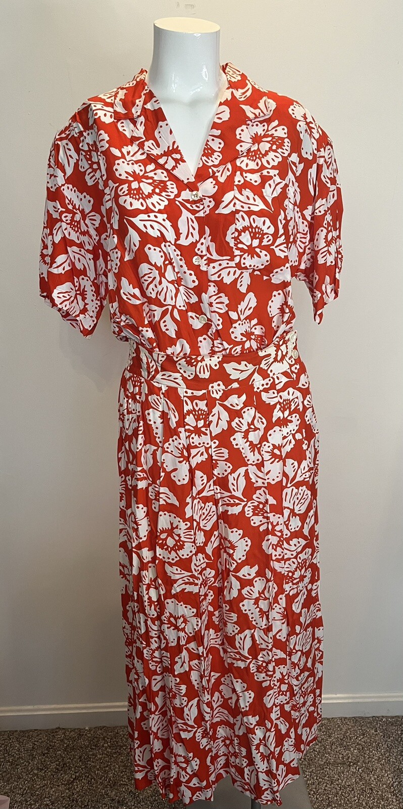 Vintage CHAUS Red & White Hibiscus Skirt Set 6/8 Mad Men Office Wear Secretary