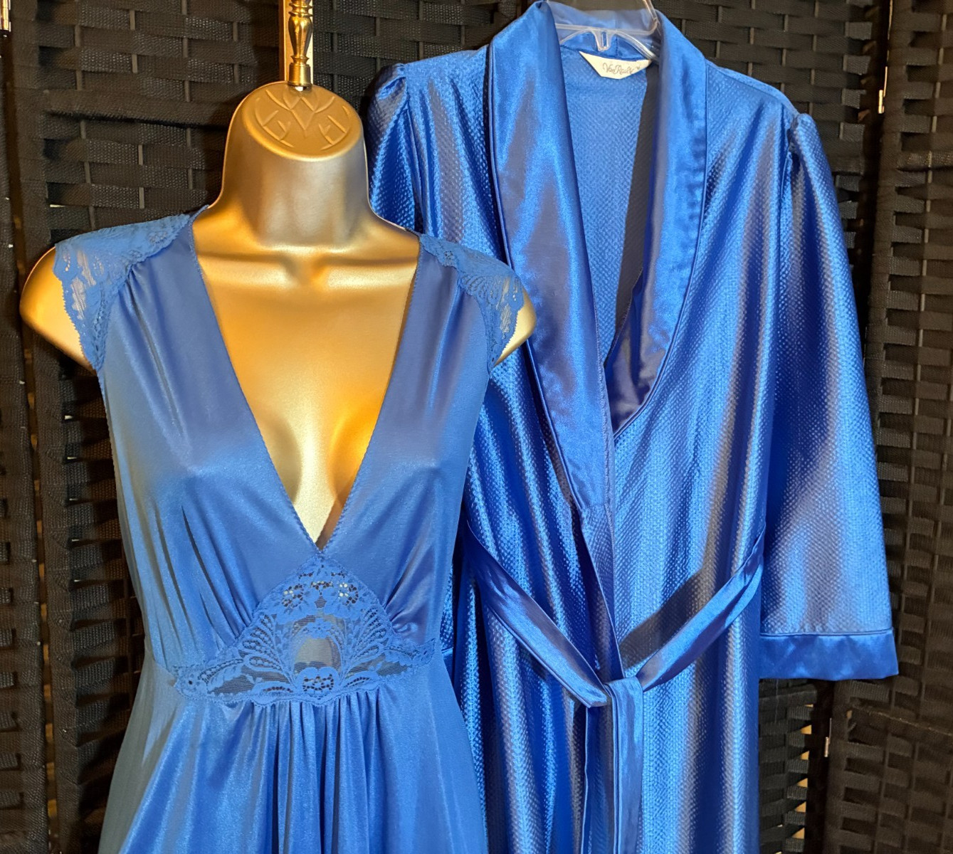 Vintage VAN RAALTE PEIGNOIR SET Medium ROYAL BLUE Sweep GOWN Long ROBE Lace 0215