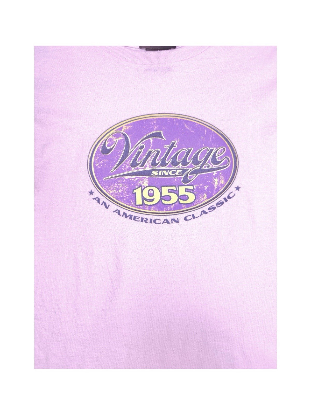 Vintage Light Pink Tee with Purple 1955 Graphic – Made In The 90’s Large