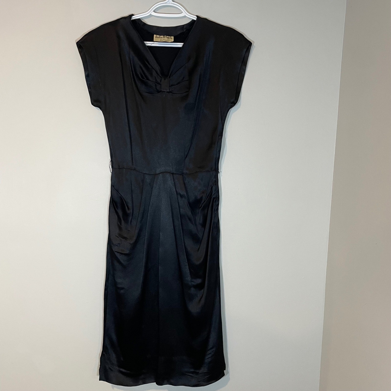 Vintage Justin McCarty Dallas Black Satin Cocktail Dress XS Bow Detail 50s READ