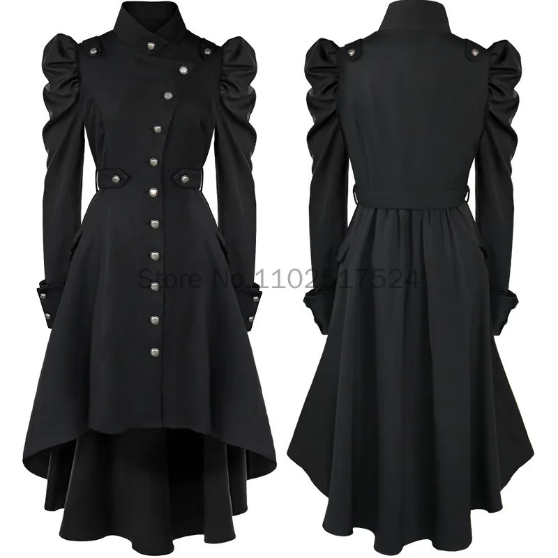 Gothic British Style Coat ForWomen Medieval Steampunk SolidColor Irregular Stand