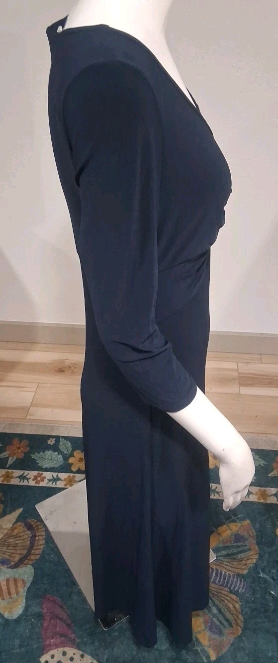 Vtg 80s Joseph Ribkoff Dress Size 8 3/4 Sleeve V Neck Navy Blue Stretch Slinky