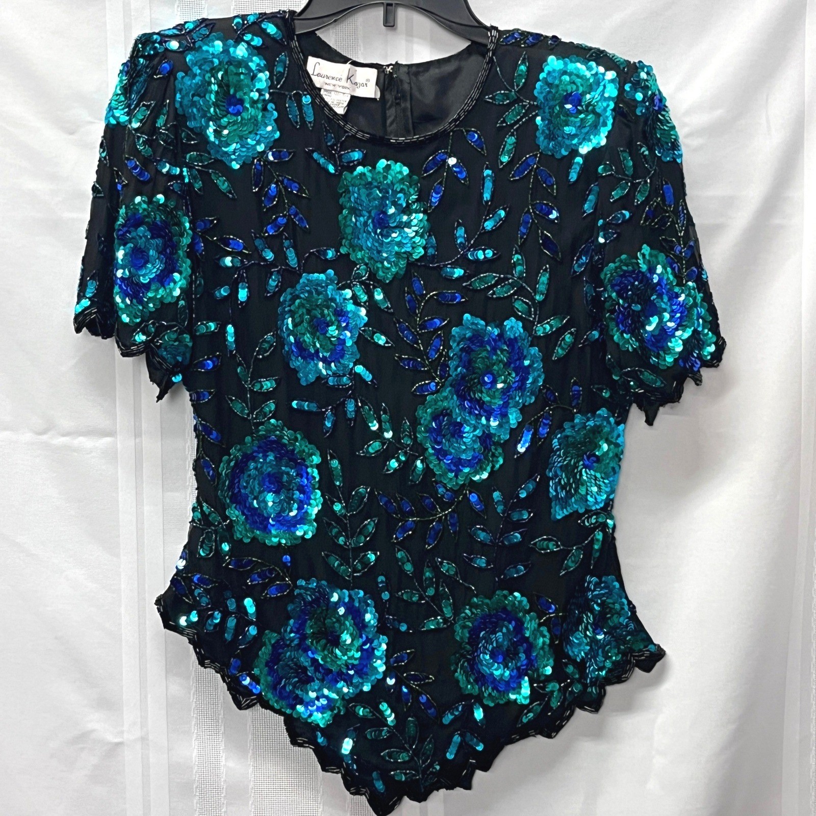 Laurence Kazar Silk Bead Sequin Floral Top Black Teal Blue Princess Mother Event