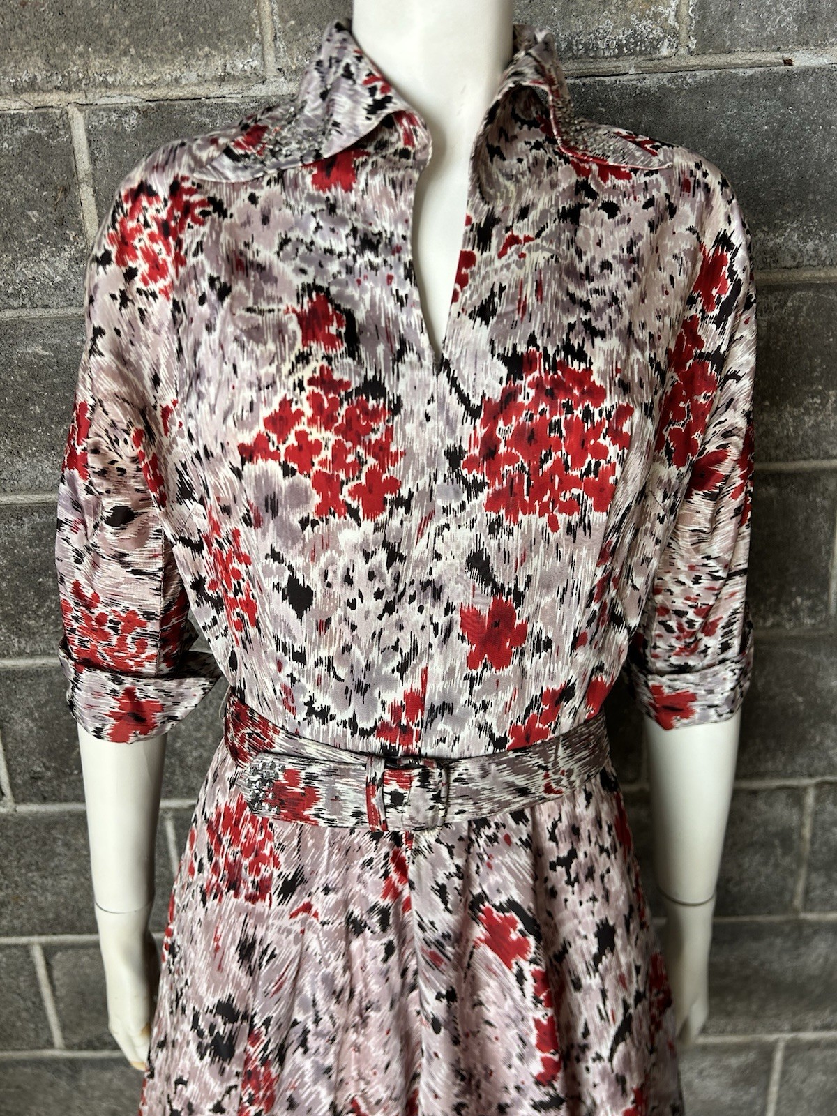 vtg 40s 50s abstract floral taffeta acetate cocktail collared Dress Rhinestones