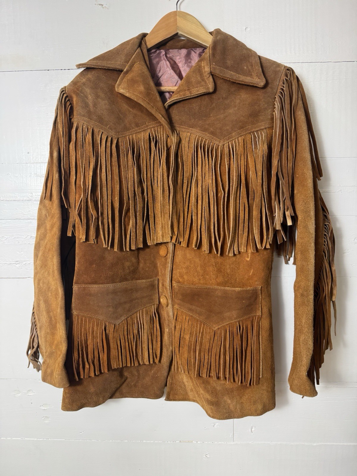 VINTAGE 60s 70s WOMANS TREGO’S SUEDE BROWN LEATHER FRINGE JACKET SIZE 8 WOODWARD