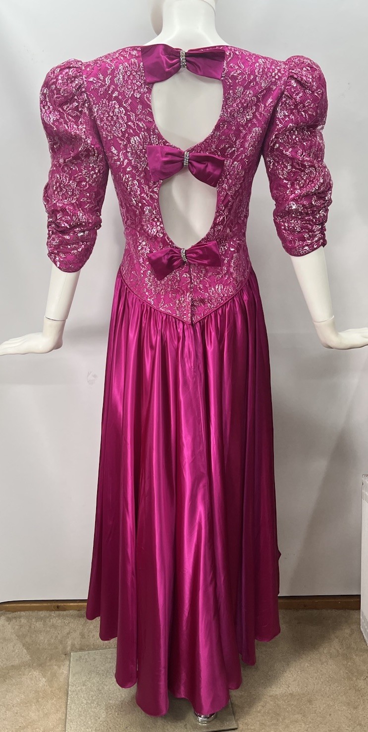 Vtg 80s Hot Pink Satin Dress 3 Bow Back Rhinestone Metallic Lace Prom Formal 10