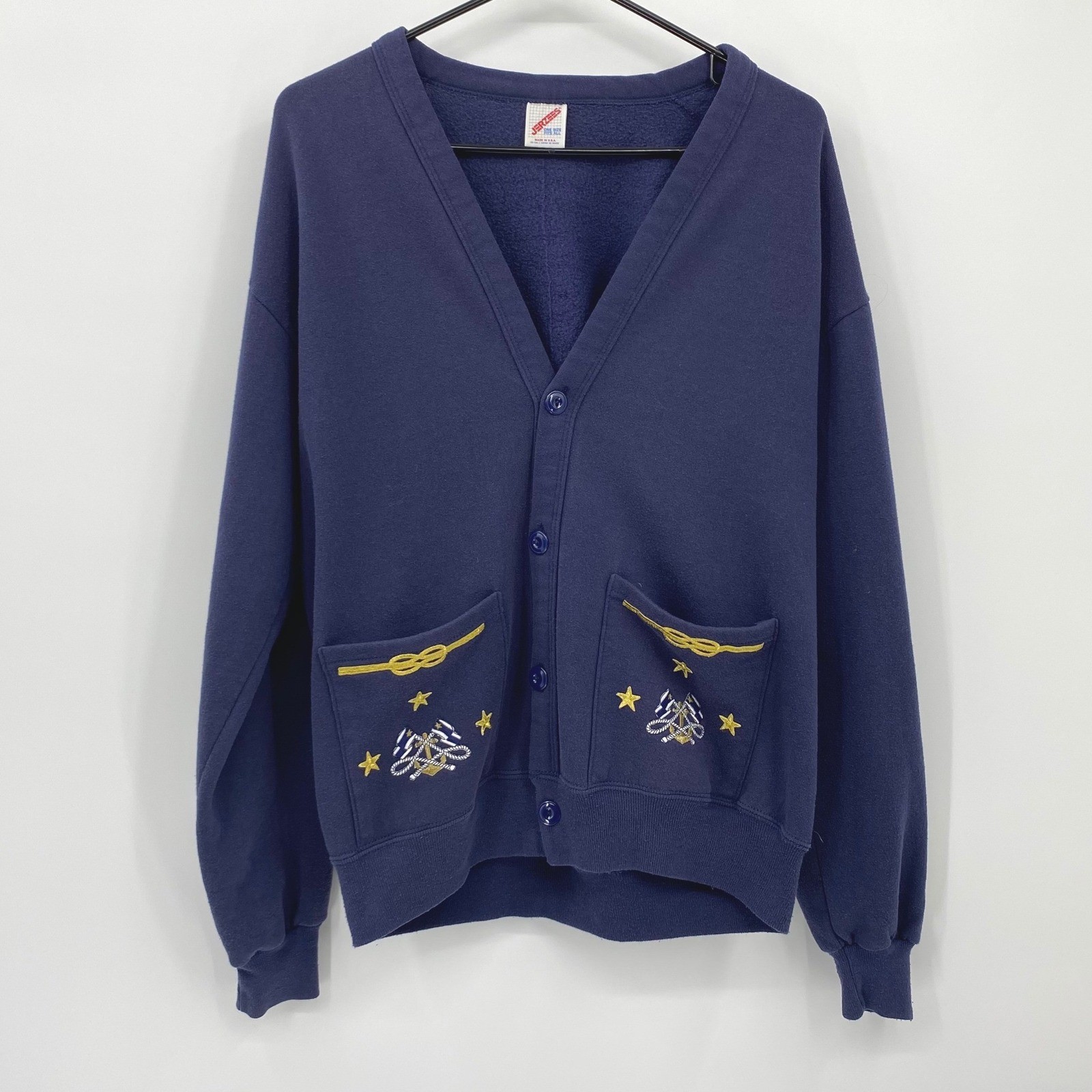 Vintage Jerzees Navy Blue Nautical Embroidered Cardigan Sweatshirt Made in USA