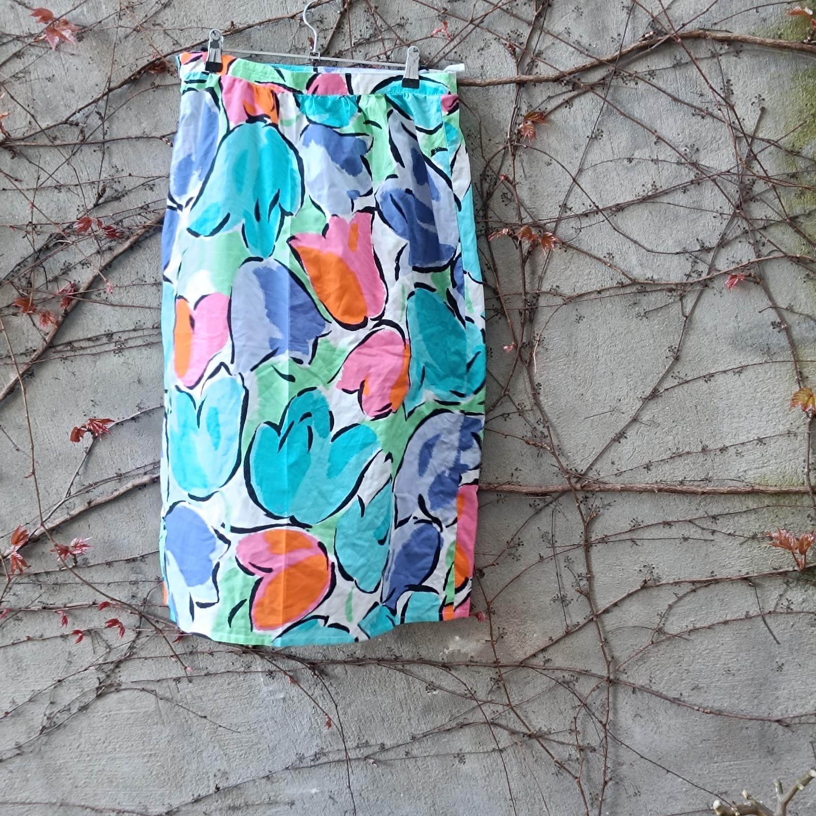 Vintage Midi Skirt Floral High Waist Cotton Multicoloured 70s A Line