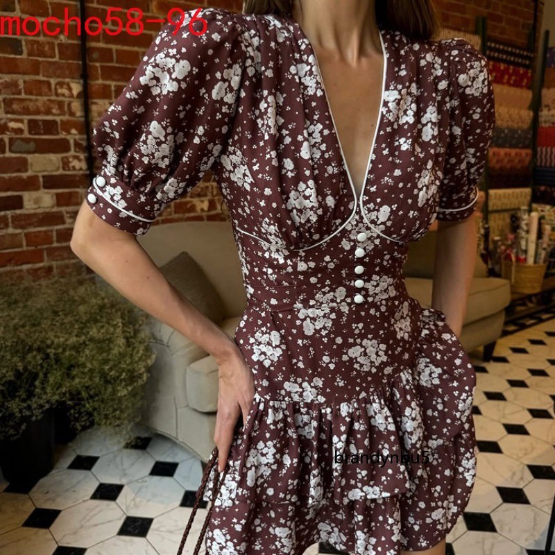 Summer Style Printing V-neck Floral Dress Short Sleeves High Waist Floral Dress