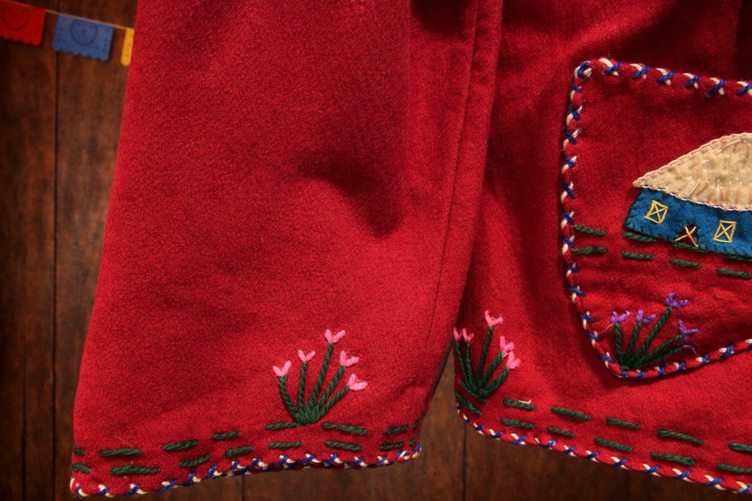 Vintage 1950s Mexican Hand Embroidered Red Wool Folk Art Jacket
