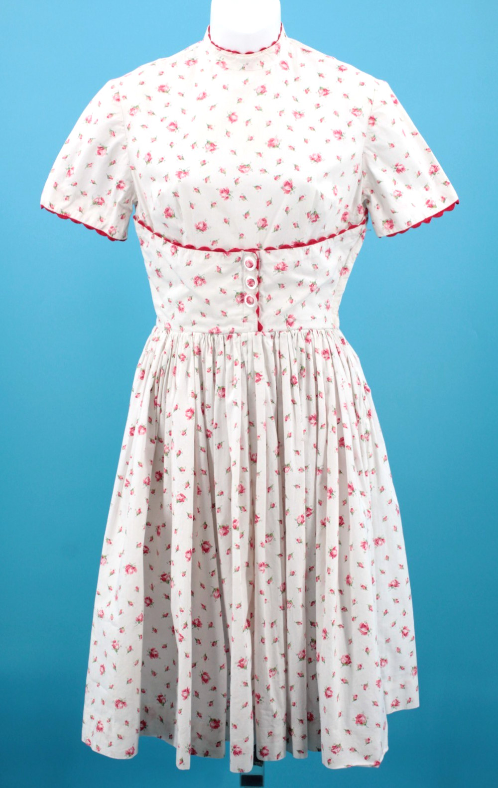 Vtg Women’s 50s White & Red Rose Print Cotton Tea Dress Sz XXS/XS 1950s