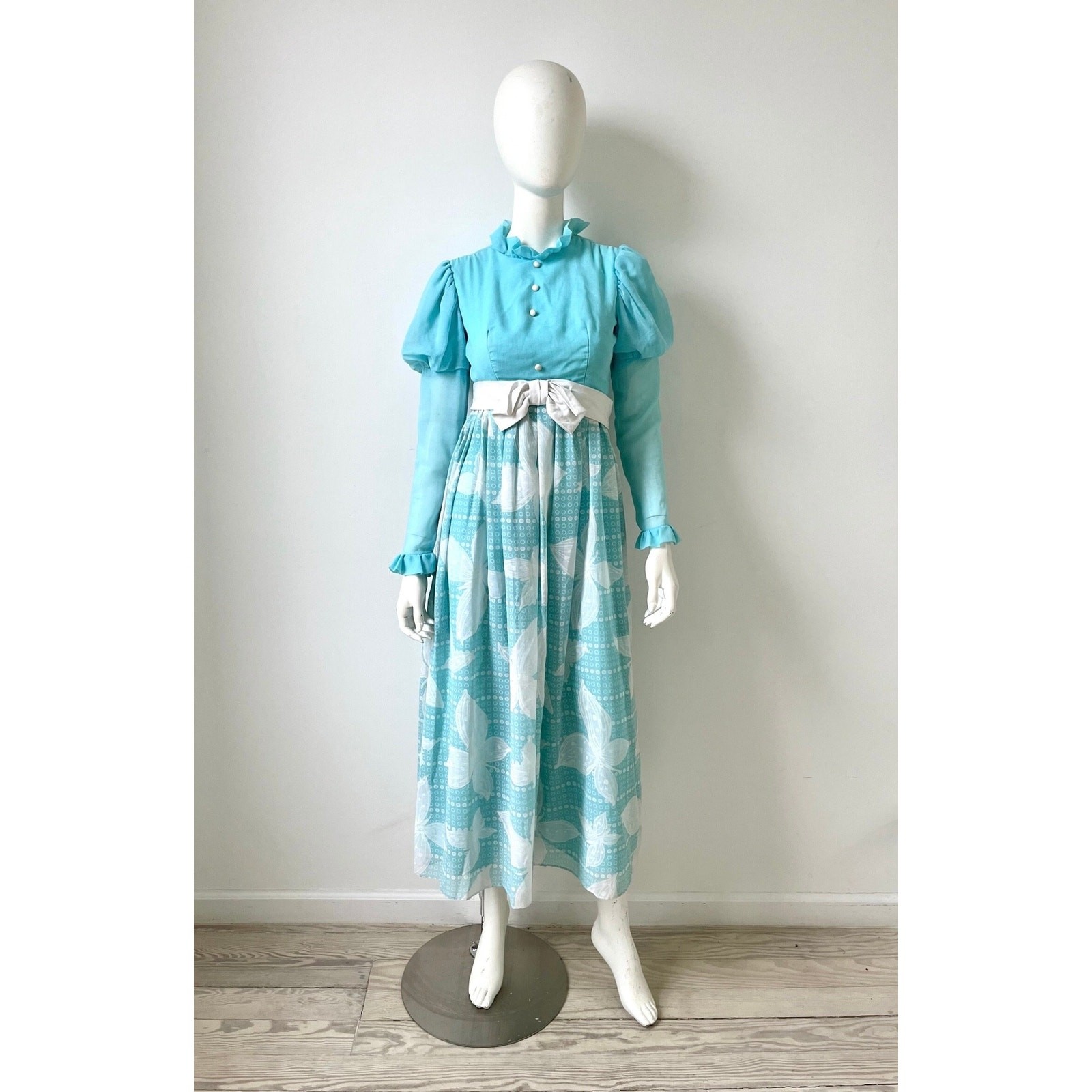 1970s Jumpsuit / 70s Blue Leg of Mutton Sleeve Wide Leg Jumpsuit / Extra Small