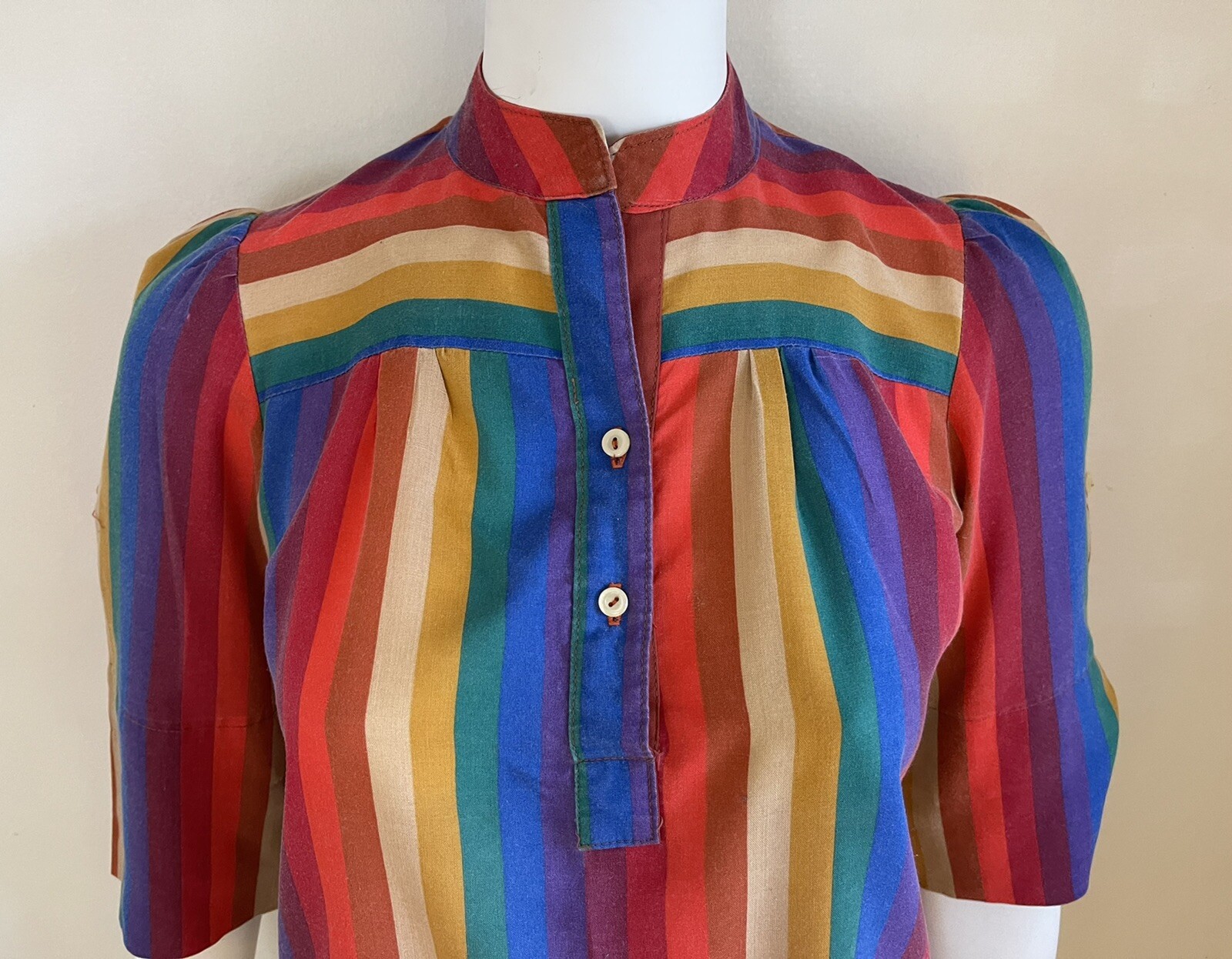 Vintage 1970s or 80s Byer California Rainbow Striped Drawstring Hem Top – Small