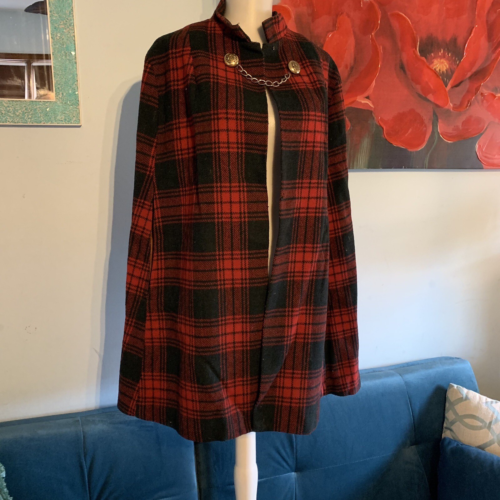 Mod Vintage Tartan Red Plaid Wool Queen Of Capes Country Place Jacket Shawl