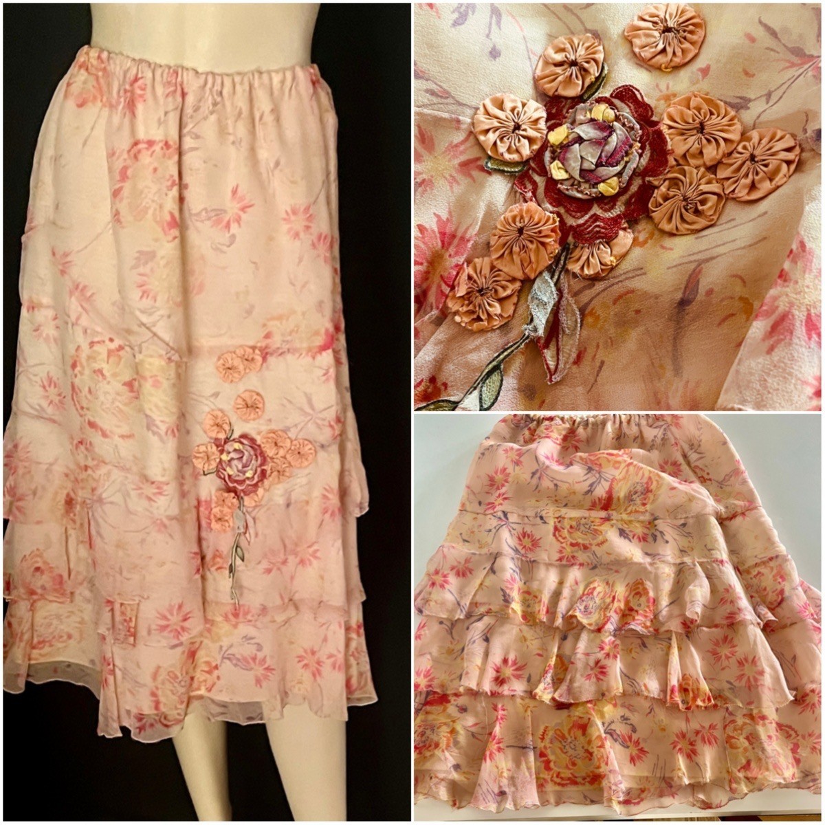 Charming 1920s Tiered Silk Tiered Skirt, Pastels, Peach, Ribbon Work Flowers S-M