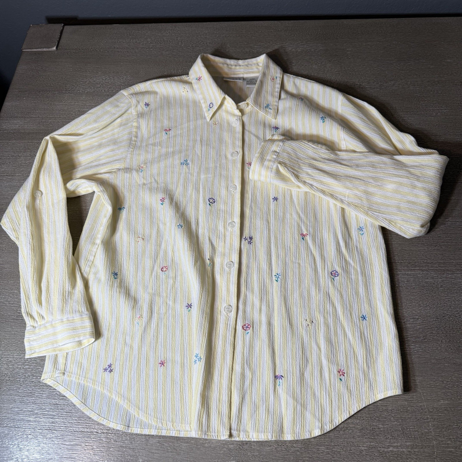 Vintage 90 KORET FRANCISCA Petite Large Yellow Strip Embordered Button Up Blouse