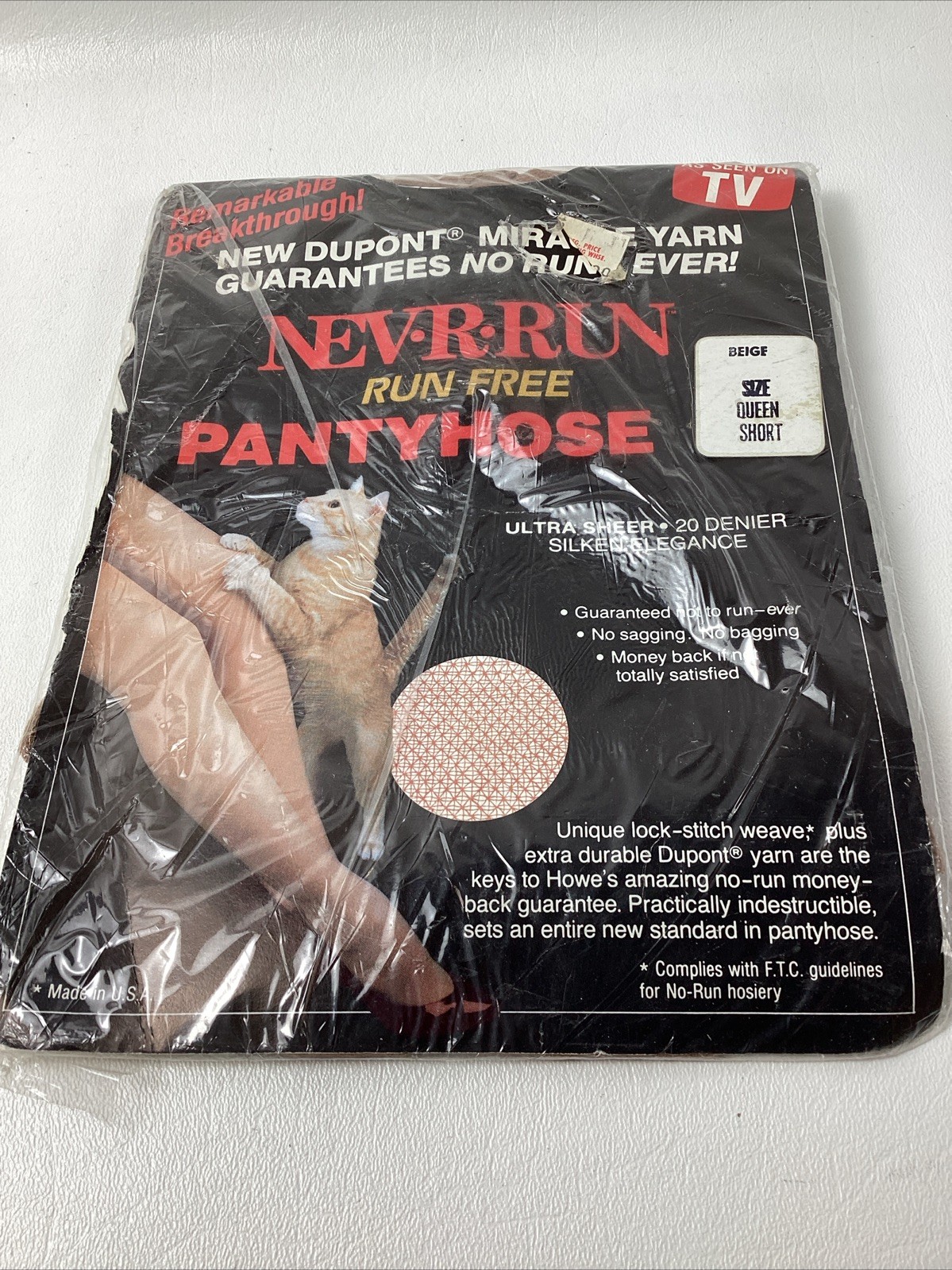 VTG NOS 1991 Nev-R-Run PantyHose QUEEN Short Run Free Beige As Seen On TV USA