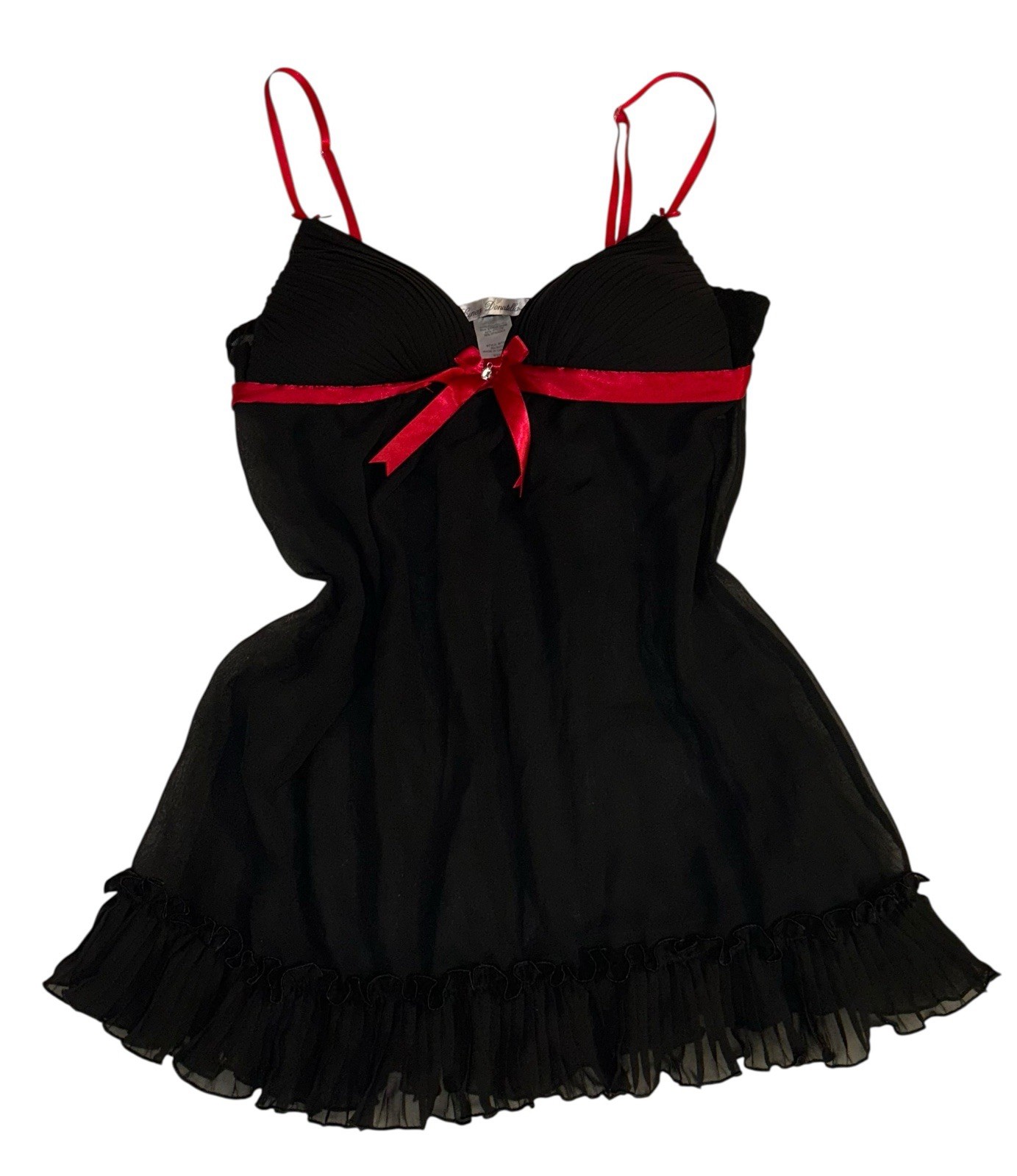 LINEA DONATELLA Black Sheer Red Satin Trim Ruffle Nylon Nightie Womens S NOS