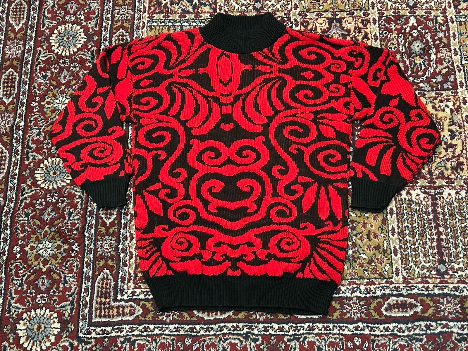 Vintage 80s 90s Adele Knitwear Sweater Turtleneck USA Swirly Red Black Patterned