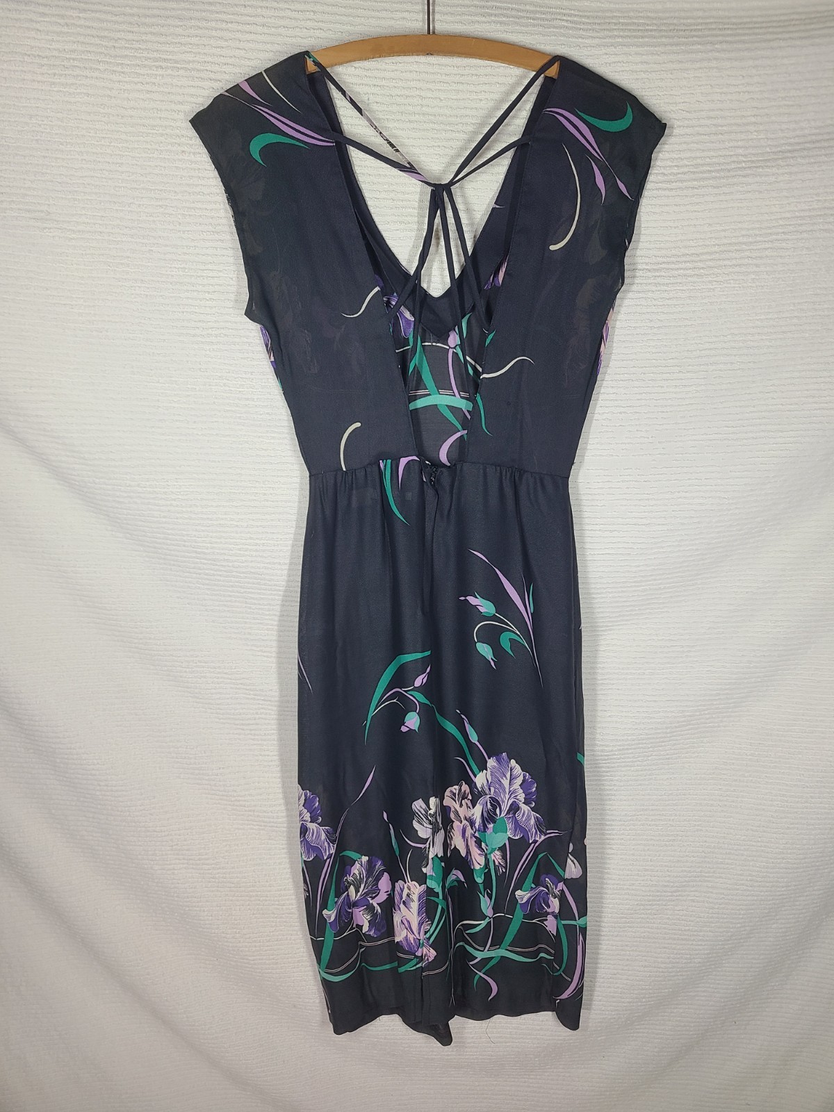1970s Black Iris Dress Strappy Back Disco Rayon Crepe Malibu Media Vintage Rare