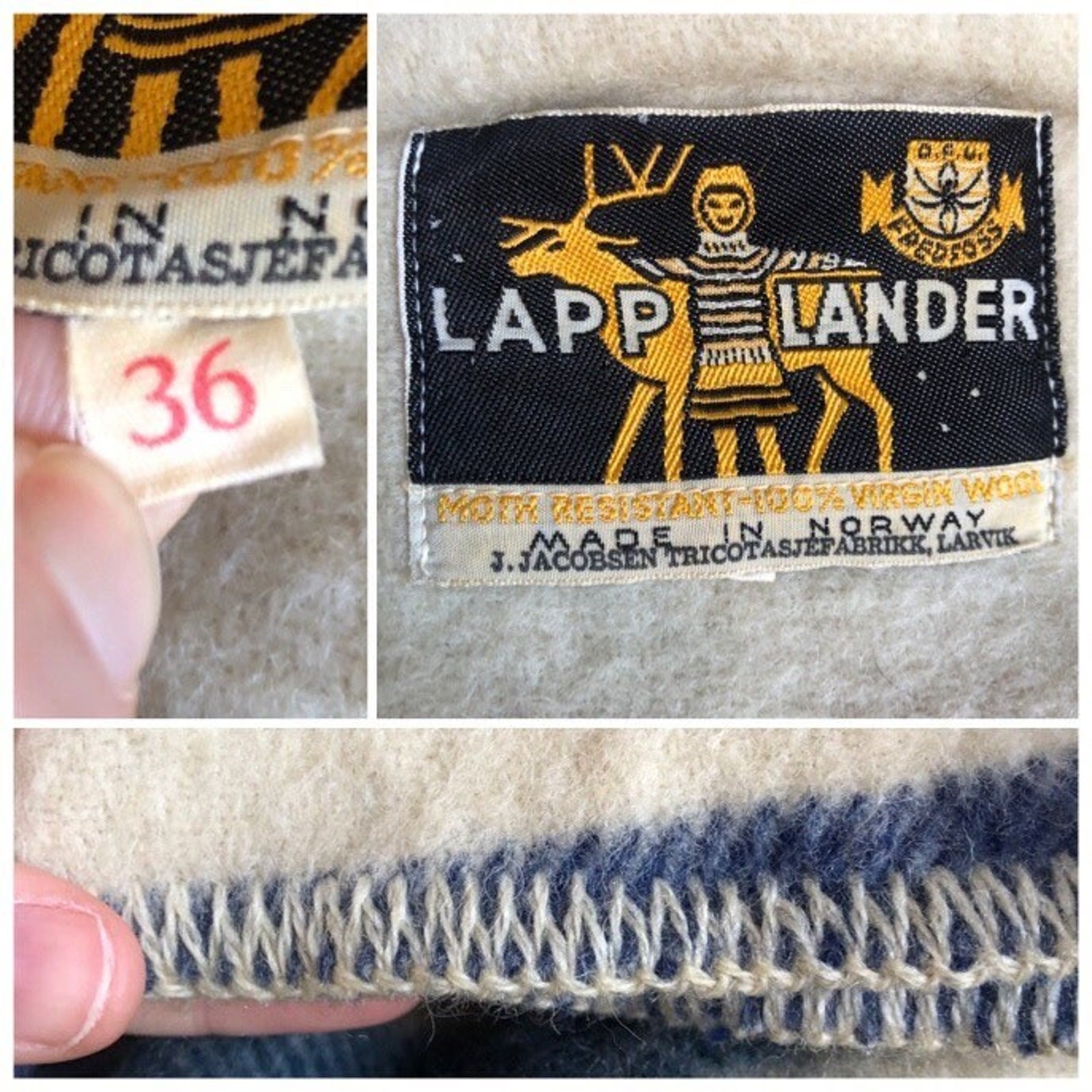 Vintage Lapp Lander Blanket Sweater, 70s Cream & Blue Fringed Wool Mockneck Sz S